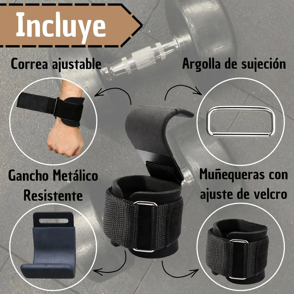 Ganchos de Agarre Premium para Levantamiento | Straps con Soporte Metálico de Fuerza